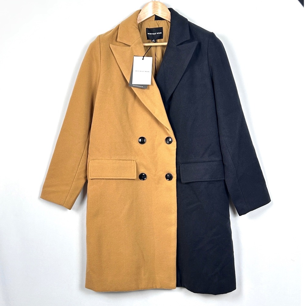 Who What Wear Double Breasted Coat Womens M Two Tone Office Chic Camel Black NWT - Picture 3 of 10